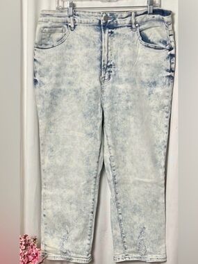 Risen Jeans Acid Wash Distressed Hem High Waist Crop Denim Jeans Size 2XL